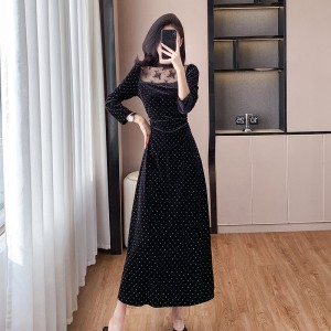 French heavy industry hot stamping diamond hollow velvet dress with waist cinching and socialite black long skirt 5301