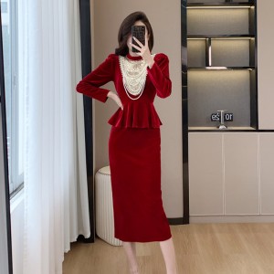 Real shot heavy nail bead splicing velvet red small fragrant style dress, socialite high-end feeling, belly covering and hip hugging skirt 5978