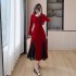 Real shot French velvet dress for women in autumn and winter, with a sense of luxury and Hepburn style lace hanging neck as the base and inner skirt 5995