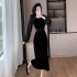 Black long sleeved dress, evening gown, light luxury, high-end feeling, socialite waist cinched long skirt 6907