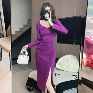 Real shot of a socialite with gentle temperament, square neck long sleeved dress, women's autumn French retro slim fit slit long skirt 8708