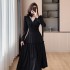 Realistic photo of 2024 autumn new satin goddess slimming temperament dress with rose necklace 5999