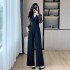 Temperament goddess style black jumpsuit with wide leg design, lace patchwork jumpsuit 8729