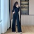 New high-end customized temperament French splicing slimming and height enhancing wide leg jumpsuit 8703