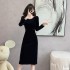 Real shot of a socialite style slim fit straight tube velvet dress for women in autumn, exuding a sense of luxury and slimming, revealing the waist, mid length skirt, size 5899