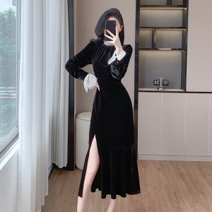 French style velvet dress with a delicate touch, slimming black banquet dress 9662