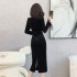 New black high-end super beautiful dress with long sleeves and gold velvet tight fitting, slimming and stunning long skirt 5909 real price