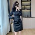 National style new Chinese style buckle small V-neck waist slimming dress 2024 autumn new black dress 8705