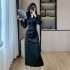 National style new Chinese style buckle small V-neck waist slimming dress 2024 autumn new black dress 8705