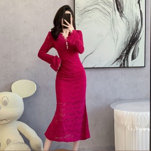 2024 autumn new high-end V-neck long sleeved lace dress with hollowed out slim fit and high waist, slimming long skirt 5833