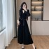 New retro black temperament V-neck velvet top+high waisted skirt two-piece set 9553