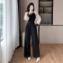 Temperament waist cinching black chiffon wide leg pants fashionable slimming jumpsuit for women 9562