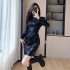 Real shooting temperament, high-end feeling, long sleeved dress, women's high and cold, imperial style, sexy, light luxury, hip hugging sequin skirt 5988