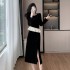 Color blocking long sleeved base, slim fit, hip hugging two-piece set, gold velvet pearl collar set 9610