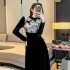 Black gold velvet dress for women in winter, new Chinese style buttoned ink painting printed small qipao skirt 5917