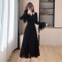 Real shot French velvet dress for women in autumn and winter, with a sense of luxury and Hepburn style lace hanging neck as the base and inner skirt 5995