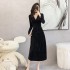 Texture velvet long dress with waist cinching and slimming effect, exuding a sense of detachment and old-fashioned style. Black ankle length dress 5913