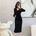 New black high-end super beautiful dress with long sleeves and gold velvet tight fitting, slimming and stunning long skirt 5909 real price