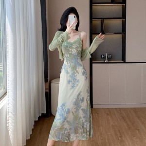 EIA One Yao Flower Blooming Pinellia Vintage Jacquard Dress Cardigan Strap Skirt Two Piece Set 9506