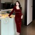 Real time shooting of new retro square neck gold velvet dress, women's tight fitting dress, autumn and winter mid length style long skirt, 9935