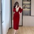 Real shot heavy nail bead splicing velvet red small fragrant style dress, socialite high-end feeling, belly covering and hip hugging skirt 5978