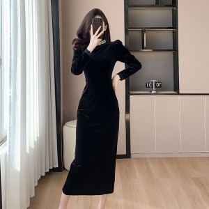 High end formal dress, long length, light luxury nail bead studded diamond long sleeved velvet dress, autumn and winter annual meeting banquet evening dress 5982