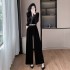 Golden velvet V-neck hot stamping diamond fashionable waist cinching and slimming wide leg jumpsuit for women 9587 comes with a belt as a gift