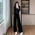 Velvet rhinestone hooded zipper cardigan+pants set, loose and versatile two-piece set 9511