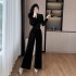 Internet celebrity popular velvet suit with high-end V-neck and slimming short top, wide leg pants 9565