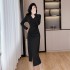 2024 new V-neck long sleeved dress with cinched waist for slimming, formal occasion French long dress 9593