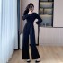 Black unique jumpsuit for petite women, high-end goddess style jumpsuit 8715