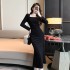 Hot pressed velvet dress for women, 2024 autumn and winter new high-end light luxury square neck French temperament hip hugging dress 5922