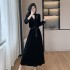 New retro black temperament V-neck velvet top+high waisted skirt two-piece set 9553