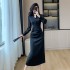 National style new Chinese style buckle small V-neck waist slimming dress 2024 autumn new black dress 8705