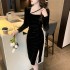 2024 Square Collar Careful Machine High Density Thick Velvet Dress with High Grade Sensation, Drawback and Split Skirt 9928