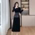 French Hepburn style dress, banquet evening dress, waist cinched black velvet two-piece set 9620