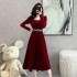 Real time customized small dress, light luxury socialite velvet square neck, bubble sleeves, red annual party dress 8860