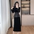 French Hepburn style dress, banquet evening dress, waist cinched black velvet two-piece set 9620