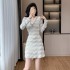 Lace lace temperament skirt autumn/winter 2024 long sleeved nail diamond V-neck dress 9588-2