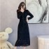 2024 autumn new French style fashionable waist cinching slimming temperament pleated V-neck lace long sleeved dress 5931