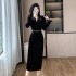 Light luxury waist cinched V-neck long sleeved dress, suit lace patchwork velvet dress, 9597 with belt included