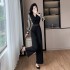 Temperament commuting wide leg pants long sleeved striped patchwork high waisted jumpsuit 9539 with belt