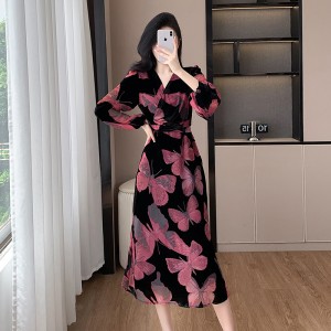 Da Xi Homemade Butterfly Series - Shrinking Waist and Slimming Tea Break Skirt Velvet Dress 9535