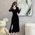 Elegant temperament of socialite, long sleeved lace slit fish tail gold velvet dress, black evening dress, base skirt, 5898