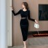 Real time shooting of new sexy mesh splicing slit light luxury velvet dress, slimming mid length long sleeved skirt 3913