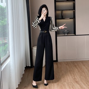 Temperament commuting wide leg pants long sleeved striped patchwork high waisted jumpsuit 9539 with belt