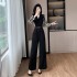 Temperament commuting wide leg pants long sleeved striped patchwork high waisted jumpsuit 9539 with belt