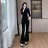 Improved cheongsam top with gold velvet for slimming and slimming effect, split flared pants two-piece set 9636