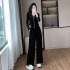 Velvet rhinestone hooded zipper cardigan+pants set, loose and versatile two-piece set 9511