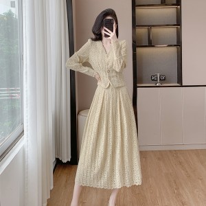 Angora fleece dress 2024 new slim fit, belly covering, lace two-piece set 9665